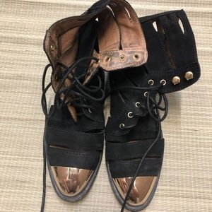 JEFFREY CAMPBELL IBIZA lace up Boots 6.5 Cutout Gold Cap Slashed